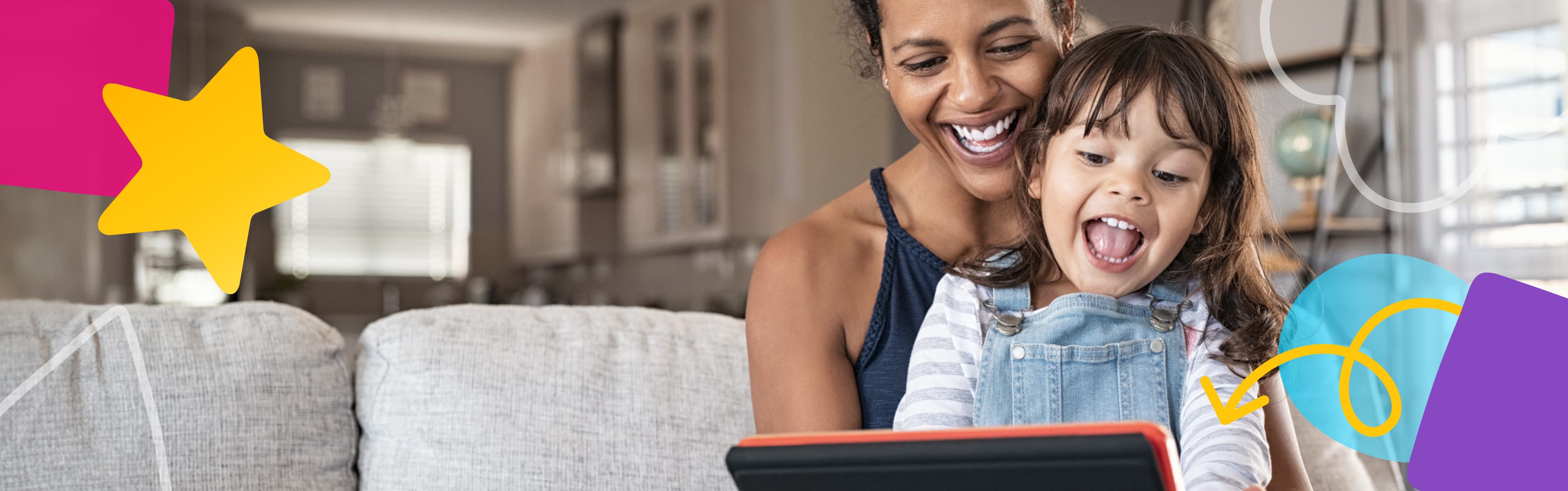 A woman and child sitting on a couch, smiling and looking at a tablet. Bright, colorful graphics adorn the image. They are enjoying ArcTouch's Common Sense Media app.